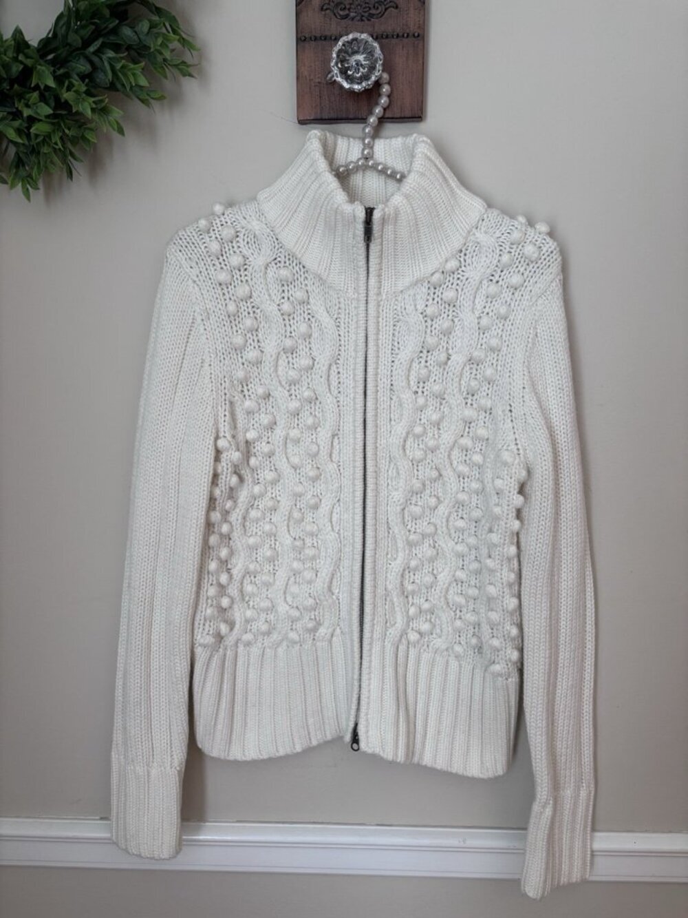 The Limited Womens Size L Chunky Knit Cardigan Sweater Zip Front Cream